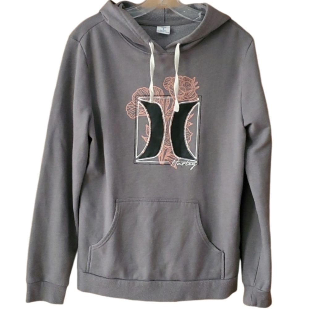 Hurley Womans Logo Floral Grey Sweatshirt Hoodie Size Medium